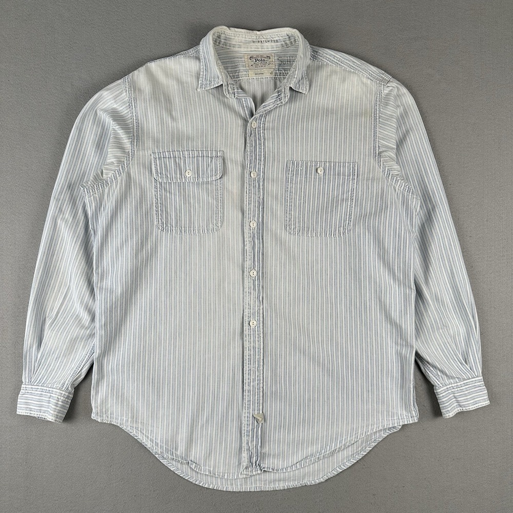 Vtg 90s Polo Ralph Lauren Button Up Utility Shirt Men's L Striped USA Made